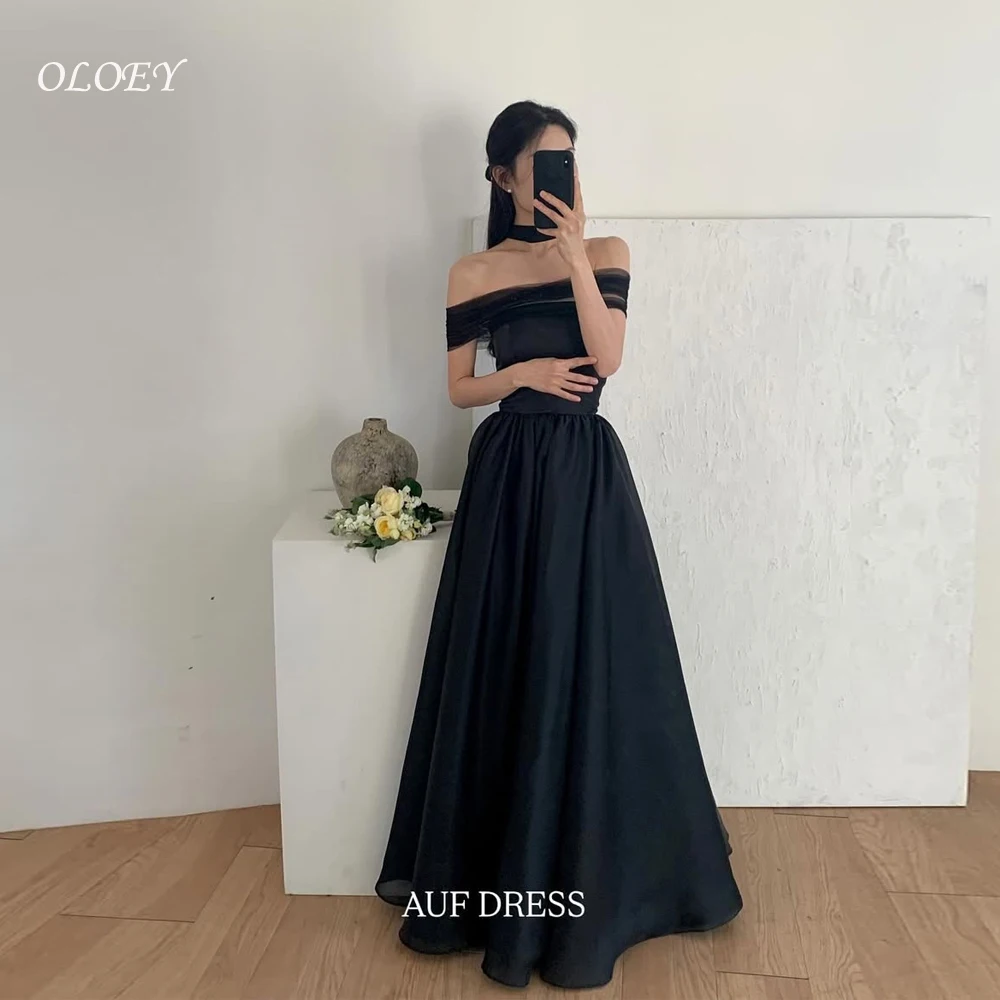 فساتين سهرة OLOEY باللون الأسود على شكل حرف A كورية لالتقاط الصور مخصصة 3 أنماط بأكمام قصيرة فساتين حفلات لحفلات الزفاف بأربطة