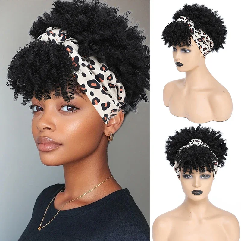 Short Kinky Curly Headband Wig Afro High Puff Curly Wig with Headband Attached Synthetic Black Fluffy Curly Scarf Wigs for Women