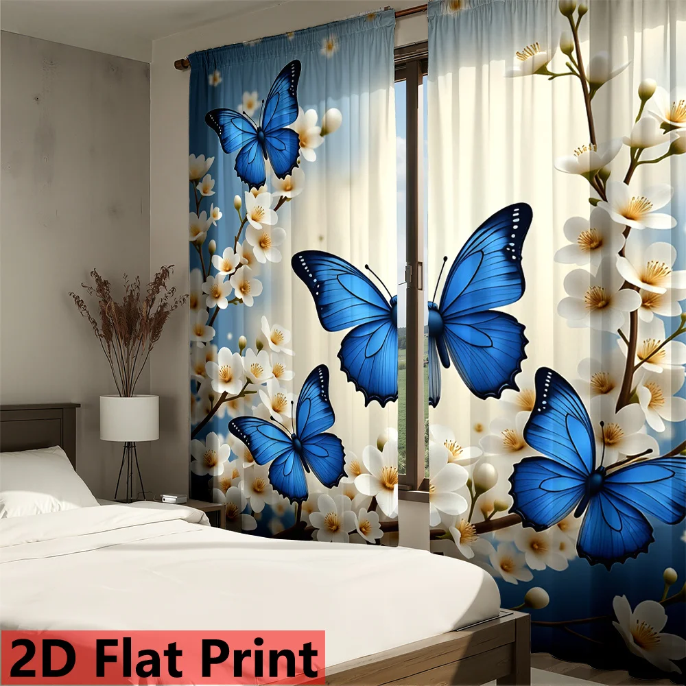 

Штора с синими бабочками и белыми цветами для гостиной, спальни, обеспечивающая уединение и декор, романтический стиль, полиэстеровая ткань, быстрая установка.