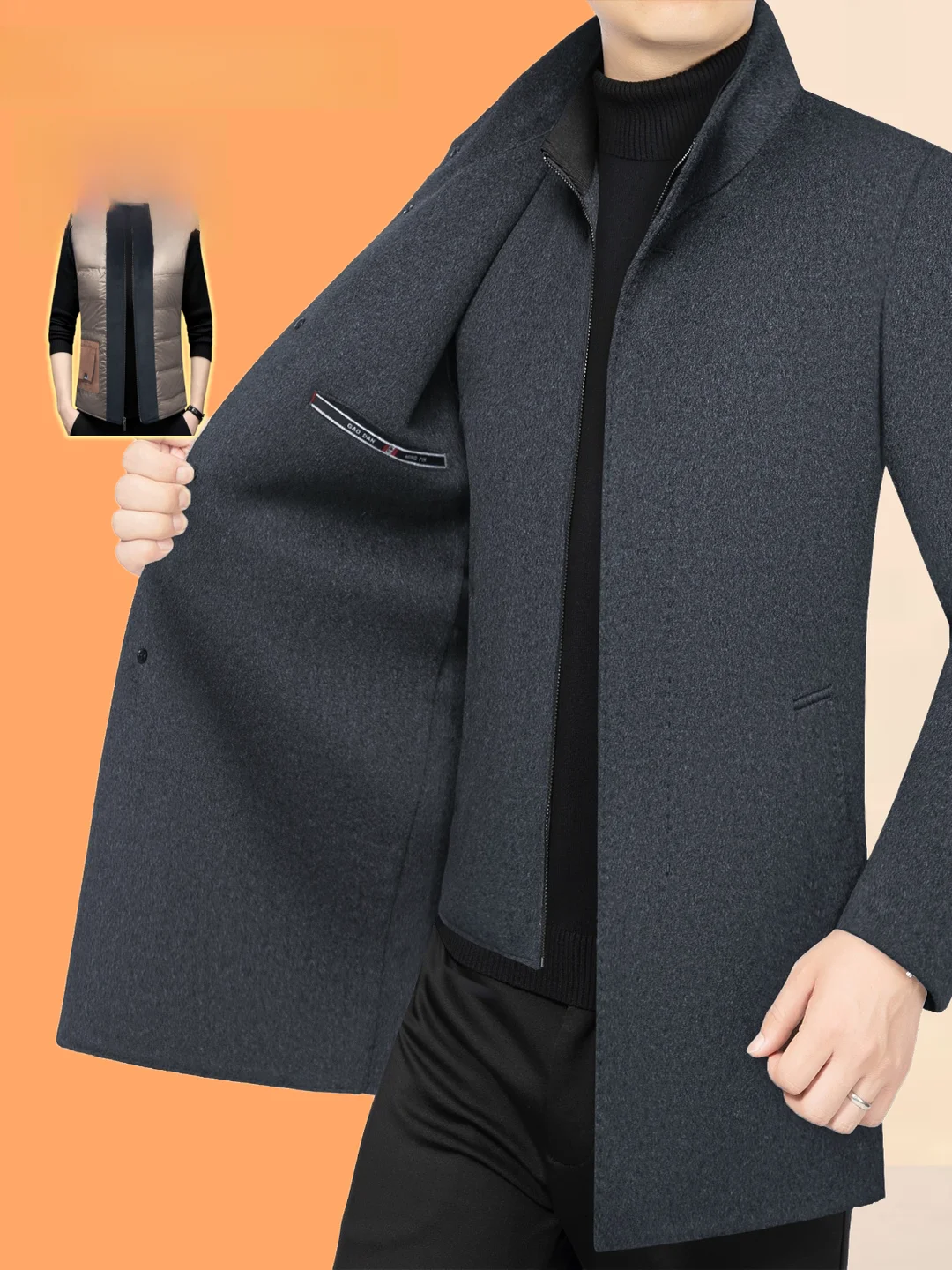 

Double-Sided Woolen down Jaet Men's Outerwear Winter New Mid-Length Two-Piece Set Dad Clothes Busin Gentleman Sle
