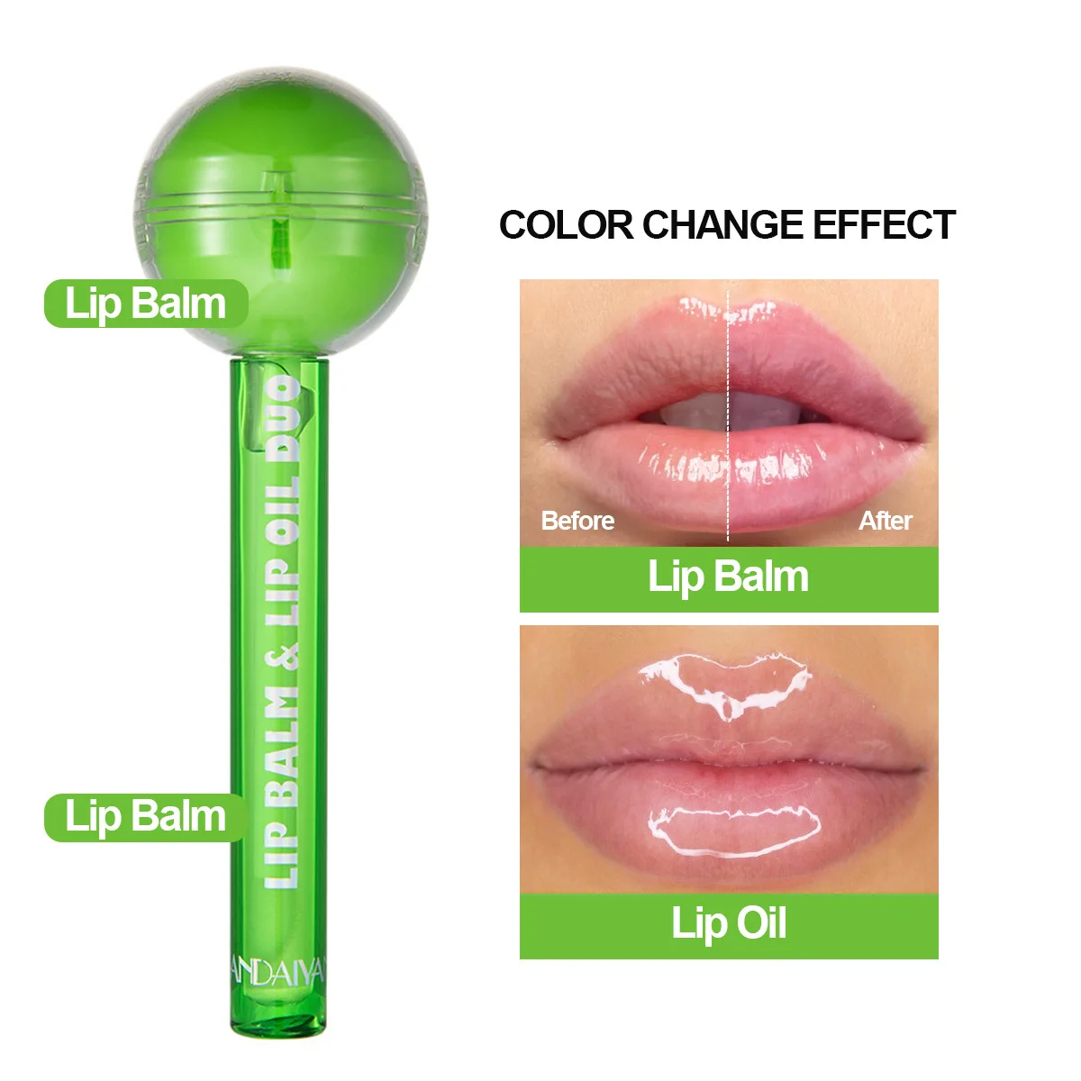 Lip Balm & Oil Duo Value Lip Balm & Moisturizing Lip Gloss 2-in-1 Lollipop Change with Temperature Lipstick, 6g+1.8ml