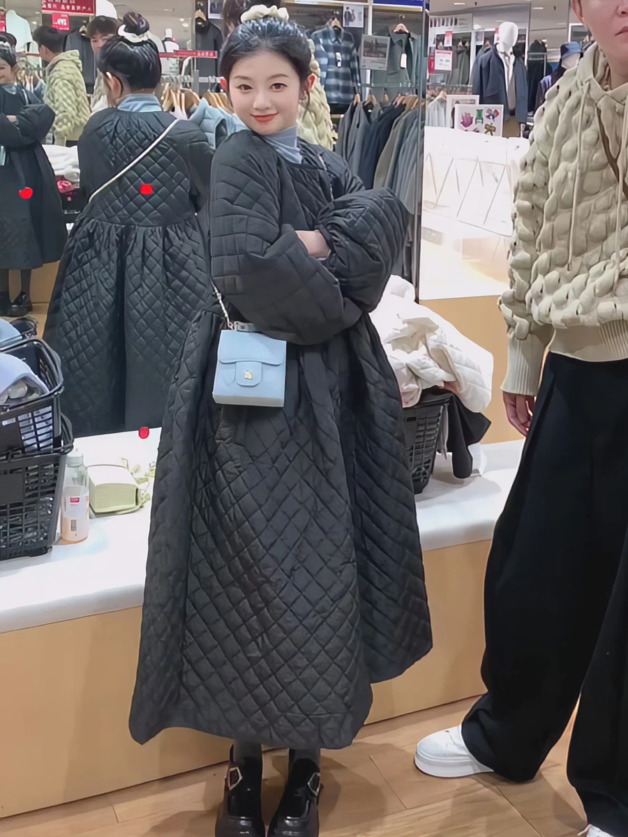 

Thiened Cotton Jaet Doll Dr Women's Sle Korean Version Princ Runaway Bla Diamond Patterned Midi Dr