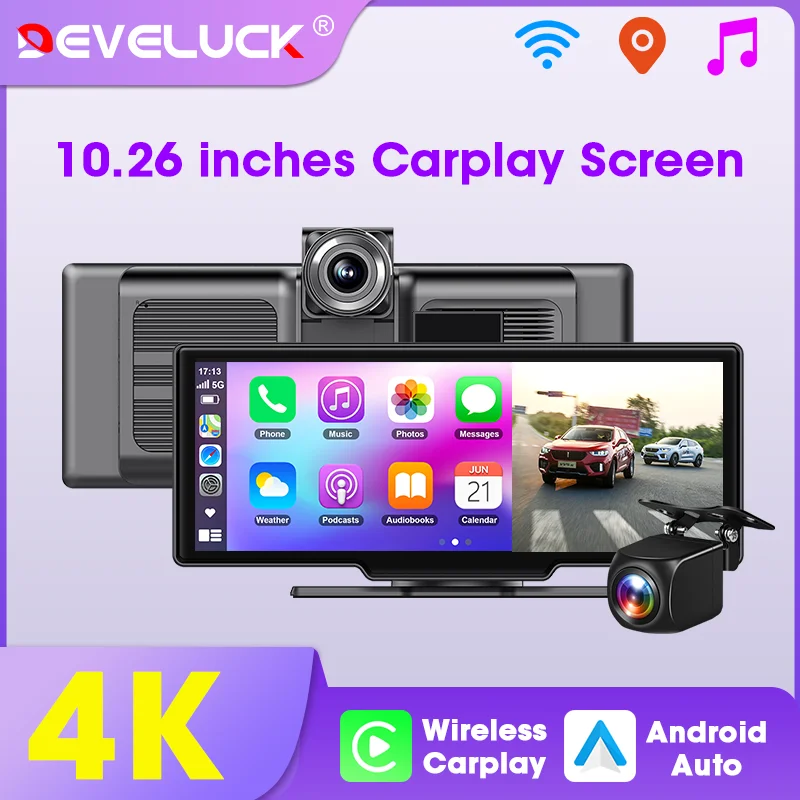 10.26'' Car DVR 4K Dash Cam Wireless Carplay Android Auto Dual Lens Video Recorder Automobile Monitor Rearview Camera Dashboard