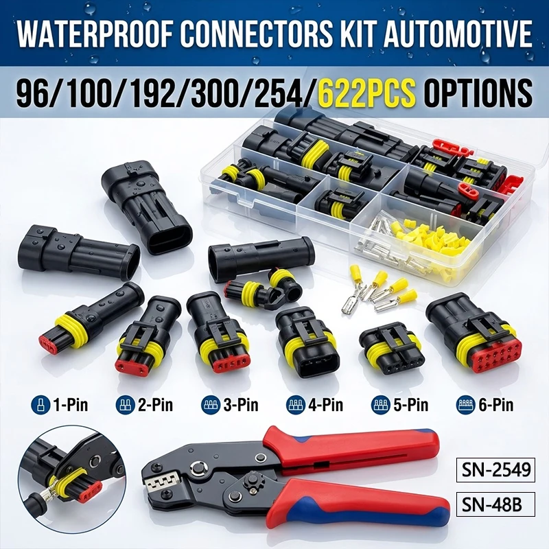 

Waterproof Automotive Electrical Wire Connectors Terminals Kit 1-6 Pin Male Female Plug Socket Ratchet Crimping Tool Wiring Seal