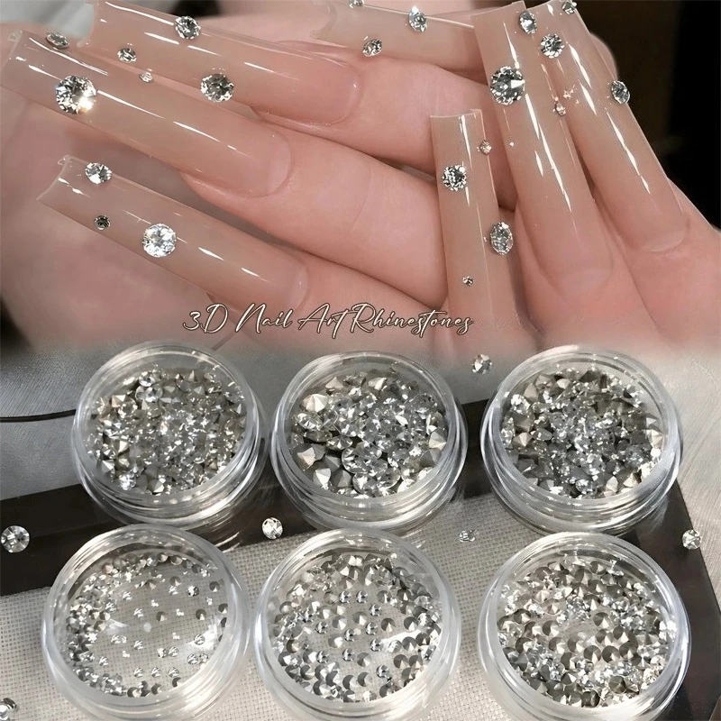 White Nail Rhinestones Flat Round Crystal Gems Flash 3D Nail Art Charms DIY Manicure Decoration Jewelry Glitter Nail Accessories