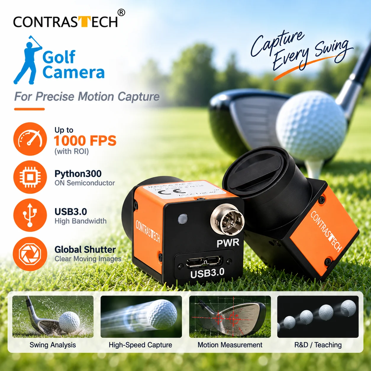 300fps 400fps 500fps 1000 fps Machine Vision High Speed Camera for Golf Swing Analysis Simulator System Contrastech