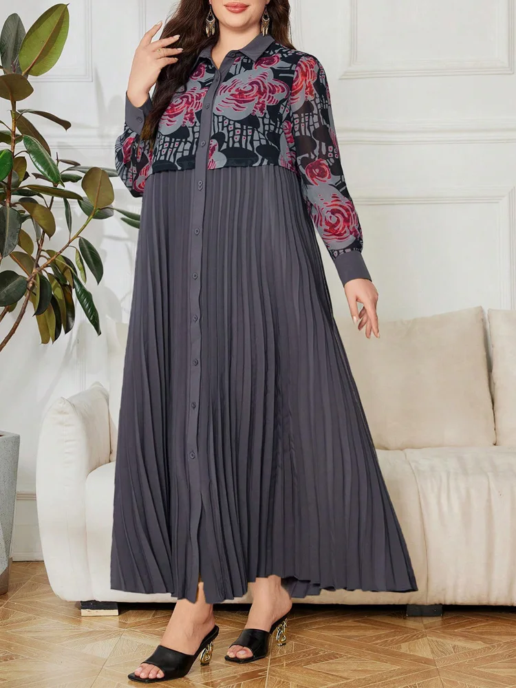 GIBSIE プラスサイズ 2in1 プリントシャツワンピース レディース 秋 2025 新作 ヴィンテージ 長袖 ルーズ ファッション プリーツ マキシ丈ワンピース