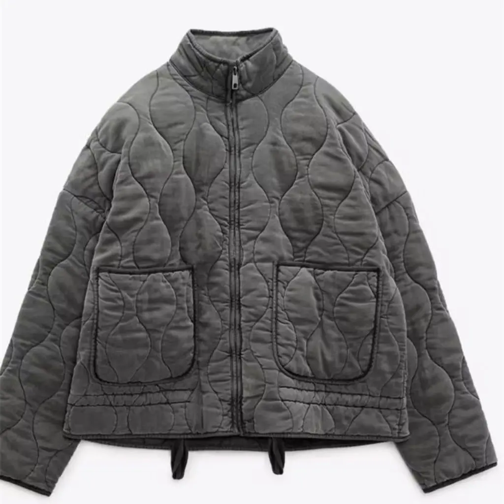 

Autumn Solid Color Stand Collar Zipper Coat with Large Pocket Lace-Up Long Sleeve Cotton-Padded Jacket for Women F79256
