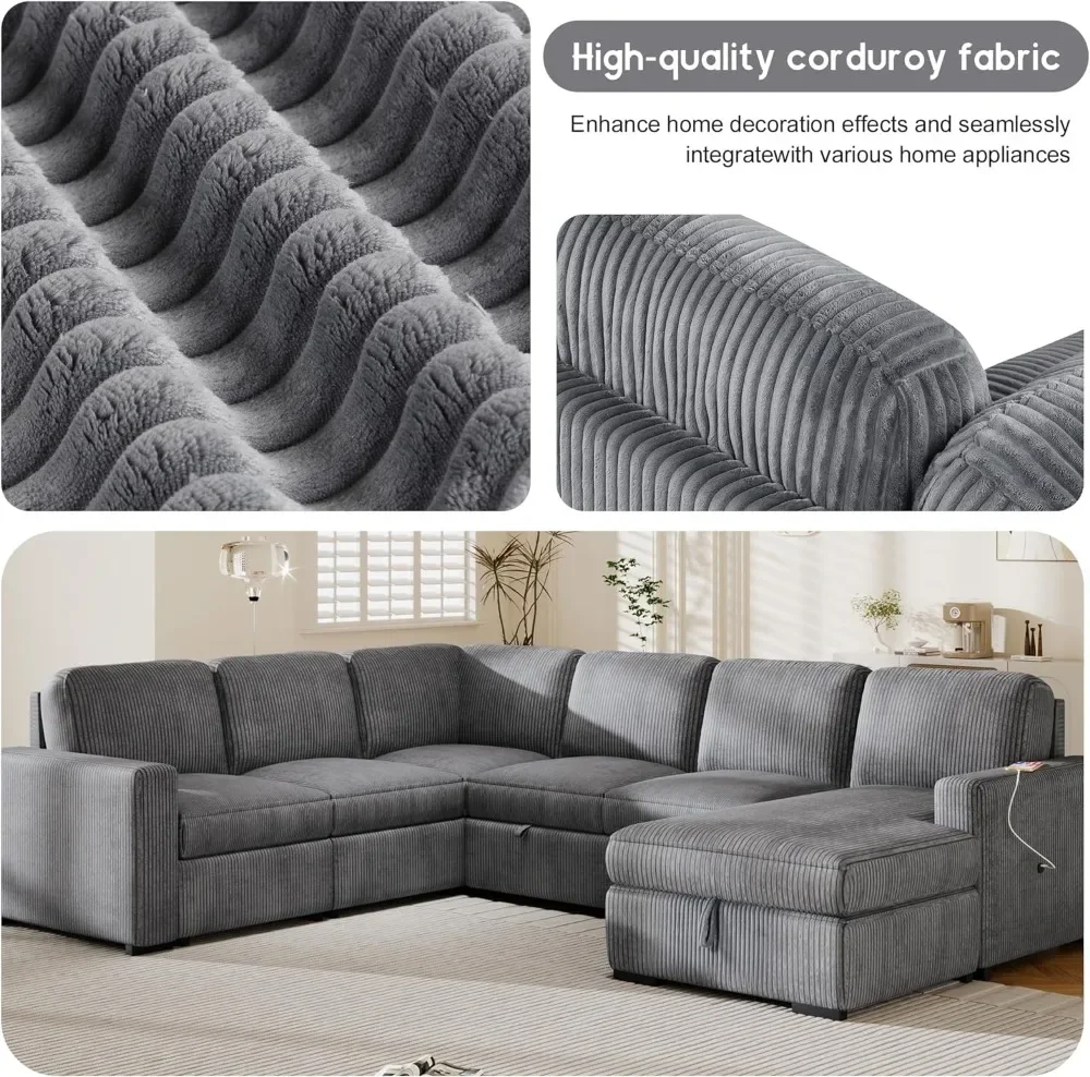 116.5 "U-Shaped Corduroy Modular Sectional Storage Chaise และดึงเตียง, โซฟาเข้ามุมขนาดใหญ่ 6 ที่นั่งพร้อมอินเทอร์เฟซ USB