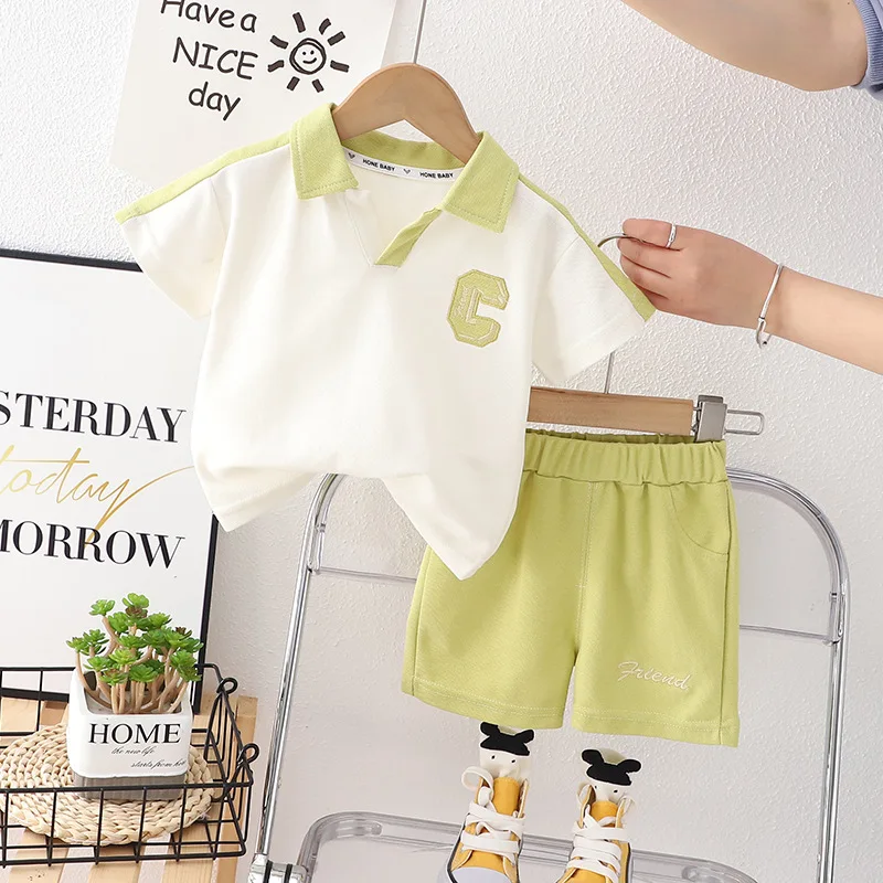 

Summer Baby Boyt Girls Clothes Set Kid Lapel Tshirts and Shorts 2 Pieces Suit Kid Fashion V Neck Top Bottom Outfits Tracksuit