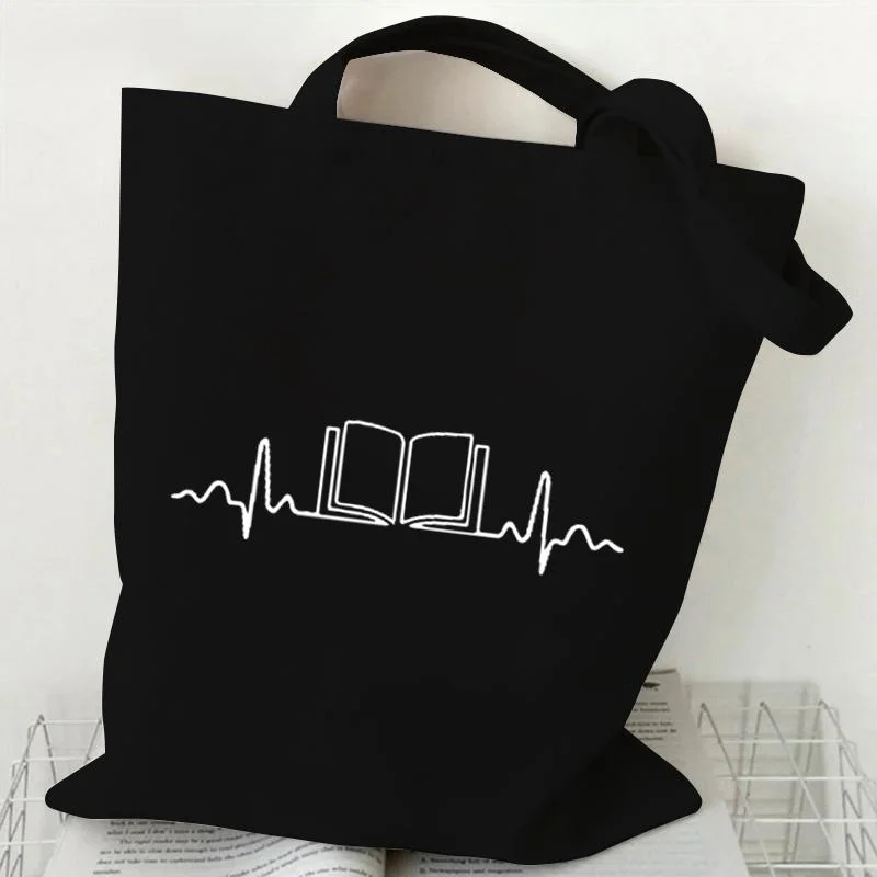 Minimalist Heartbeat Canvas Bag Tote Bag Shoulder Handbag Gymnast Dancer Gift Reusable Grocery Handbag for Daily Use Black view 3