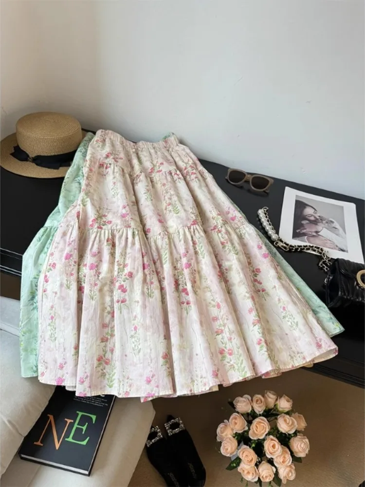 

Нежная розовая юбка с цветочным принтом, женская летняя юбка-миди трапециевидной формы с эластичной резинкой на талии, художественная юбка свободного покроя в китайском стиле