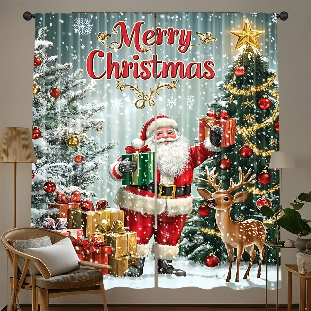 Merry Christmas Curtain Santa Claus Reindeer Window Drape Xmas Tree Gift Box Decor for Living Room, Festive Holiday Home Textile
