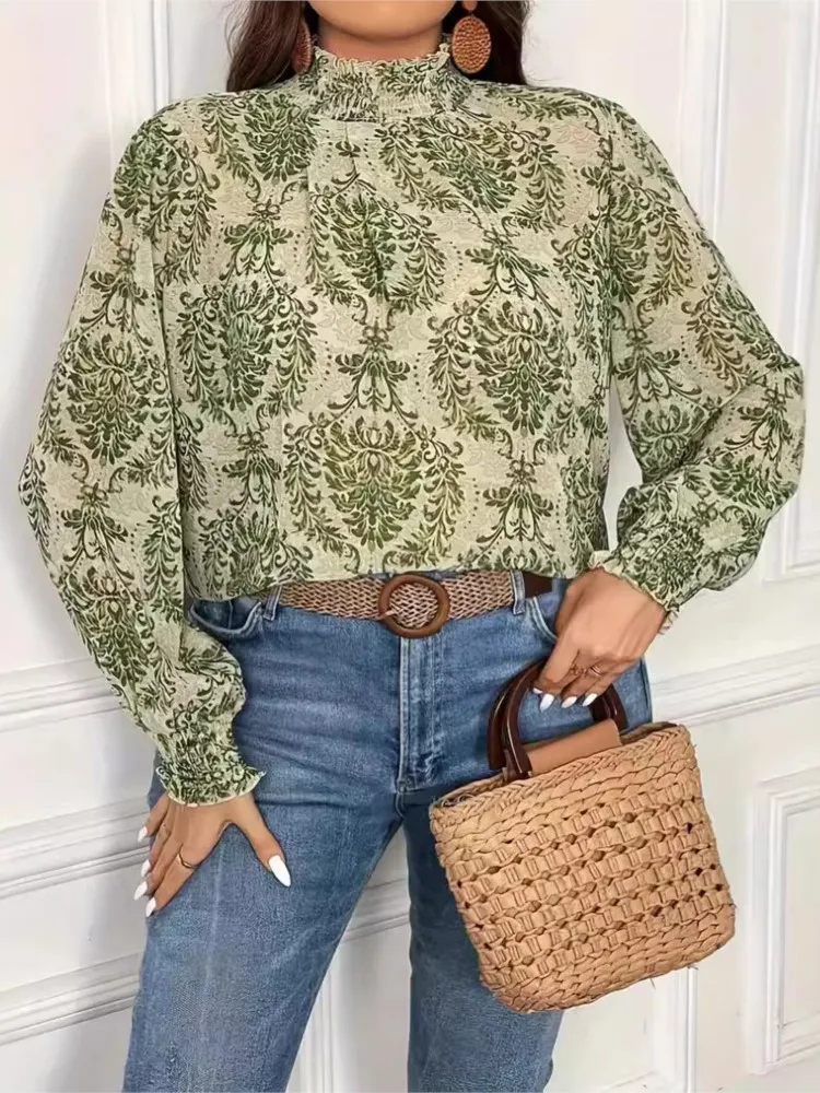 Plus Size Herfst Bloemenprint Lantaarn Lange Mouw Tops Dames Casual Mode Dames Blouses Losse Geplooide Vrouw Pullover Tops