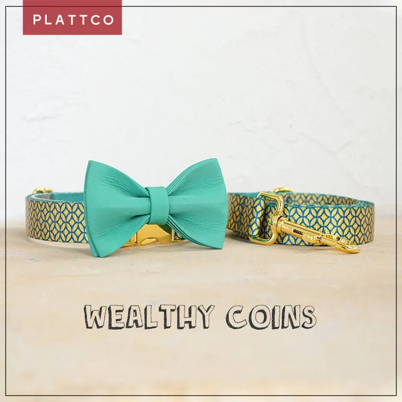 PLATTCO unique designed large medium and small bow tie collar leash set WEALTHY COINS  with  plus zinc alloy buckle PDC305YG