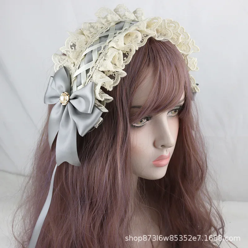 Lolita-Diadema con lazo de encaje para niñas, accesorios Kawaii para el cabello, Cosplay de sirvienta de Anime, diadema encantadora y dulce hecha a mano