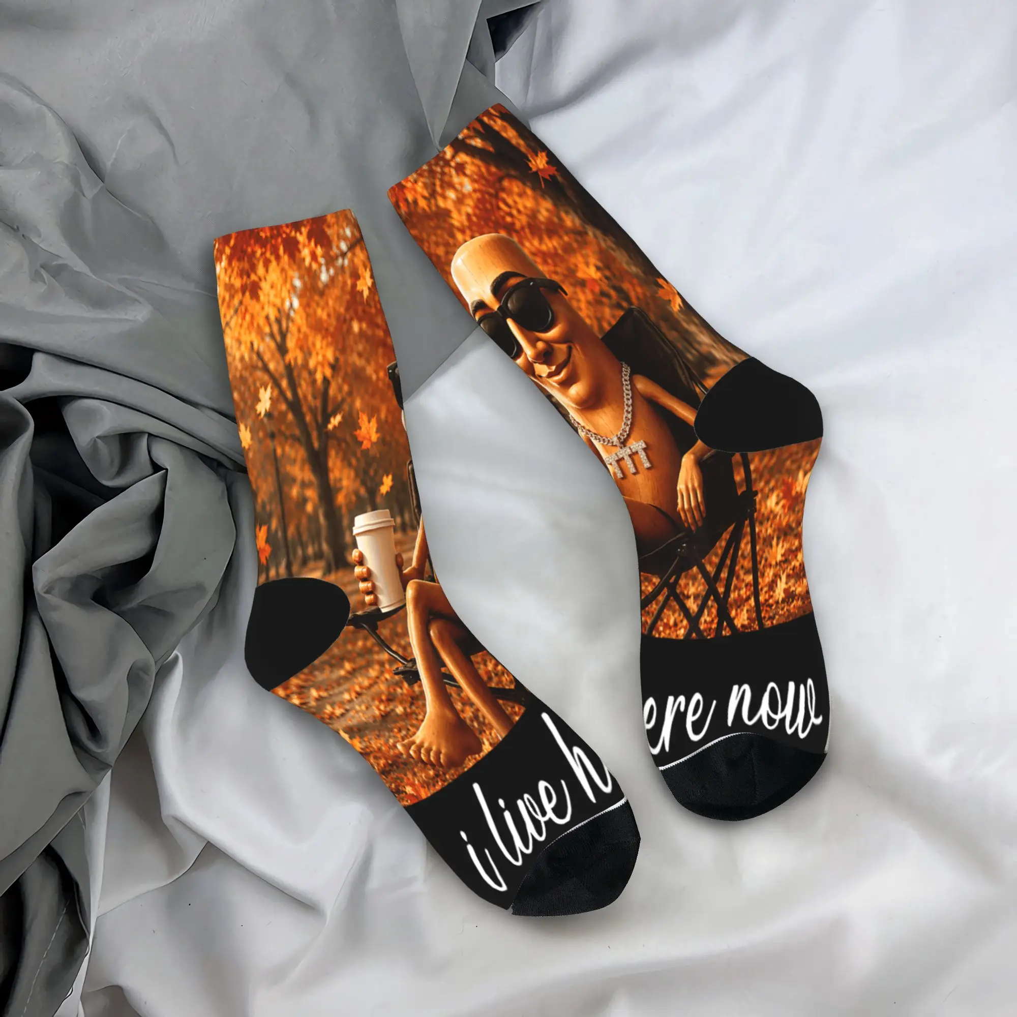 Autumn Park Coffee Time Funny Tung Sahur Brainrot Fall Meme Stockings  Novelty Socks Winter Socks Men Cycling Soft Socks