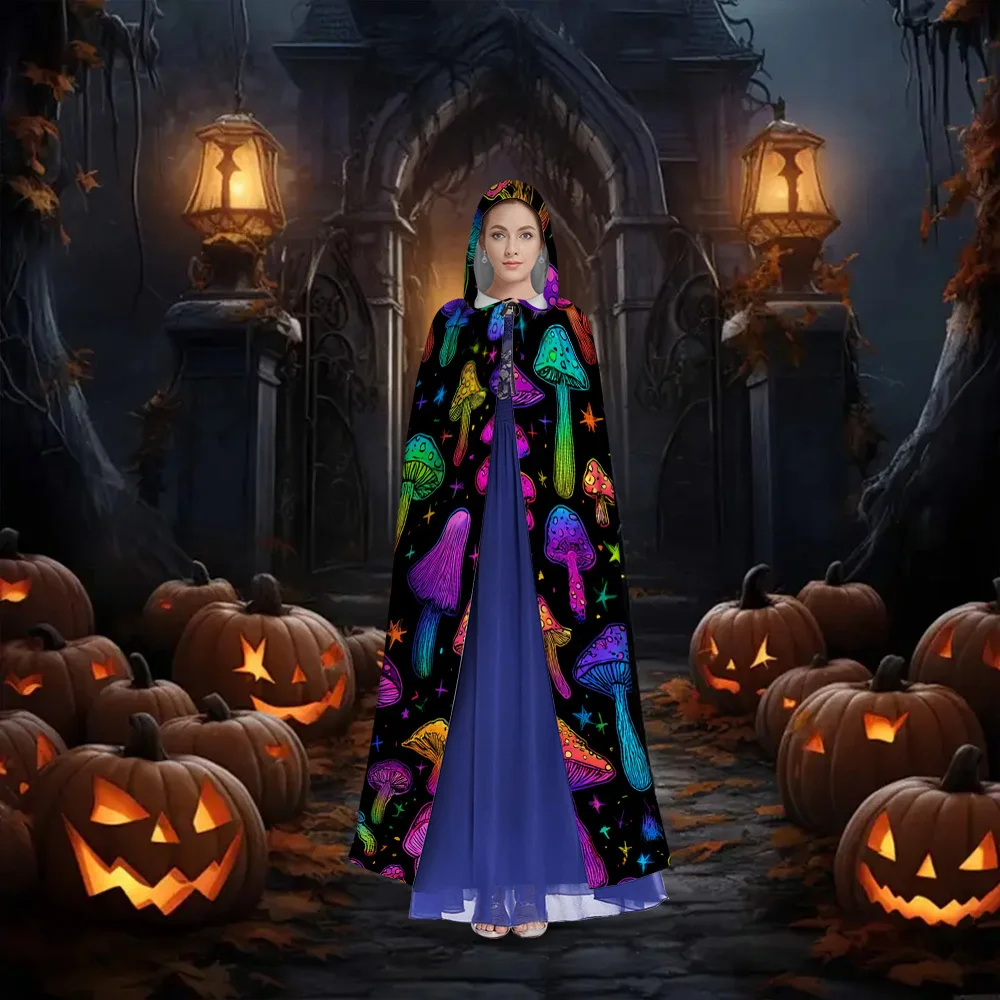 1pc Witch Hooded Cloak Cape Neon Rainbow Mushroom Starry Night Design Machine Washable Costume Shawl for Halloween
