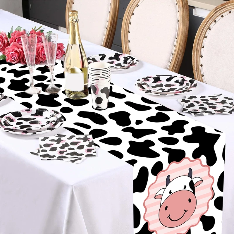 Cow Pattern Polyester Table Flag, Table Runner, Suitable For Cow Birthday Party Supplies, Baby Shower Decoration, Party Supplies