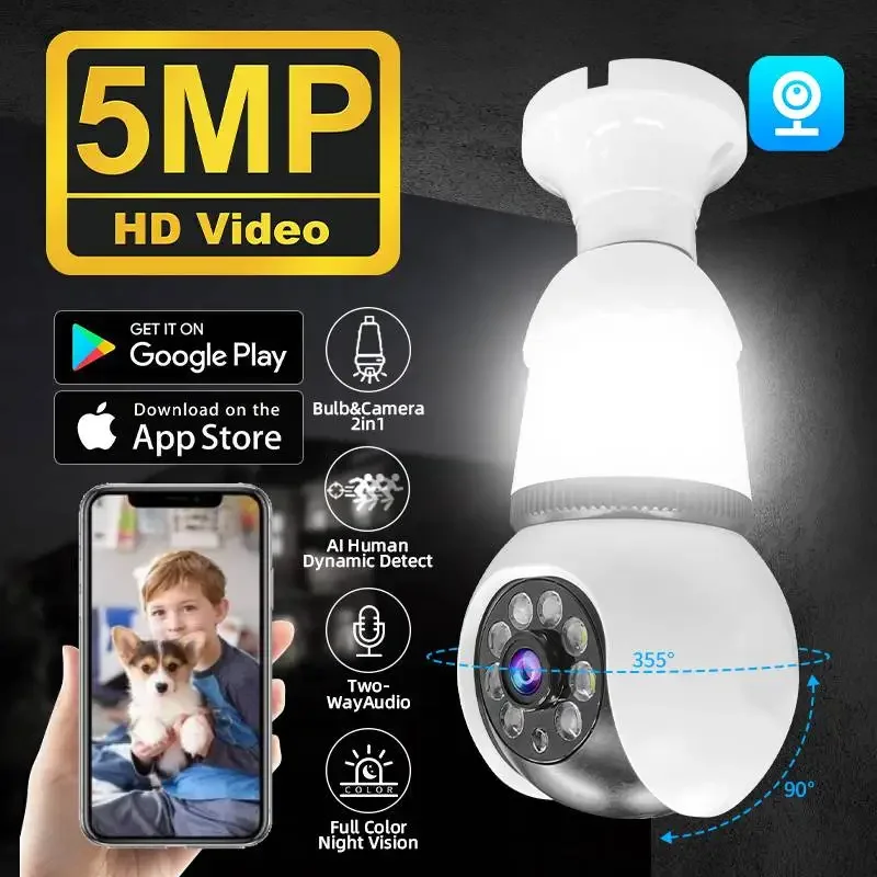 5MP E27 หลอดไฟ LED กล้อง WiFi กล้องเฝ้าระวังสมาร์ทหน้าแรกติดตาม 2-way Audio 8X ซูมสี Night Vision ไร้สายกล้องวงจรปิด