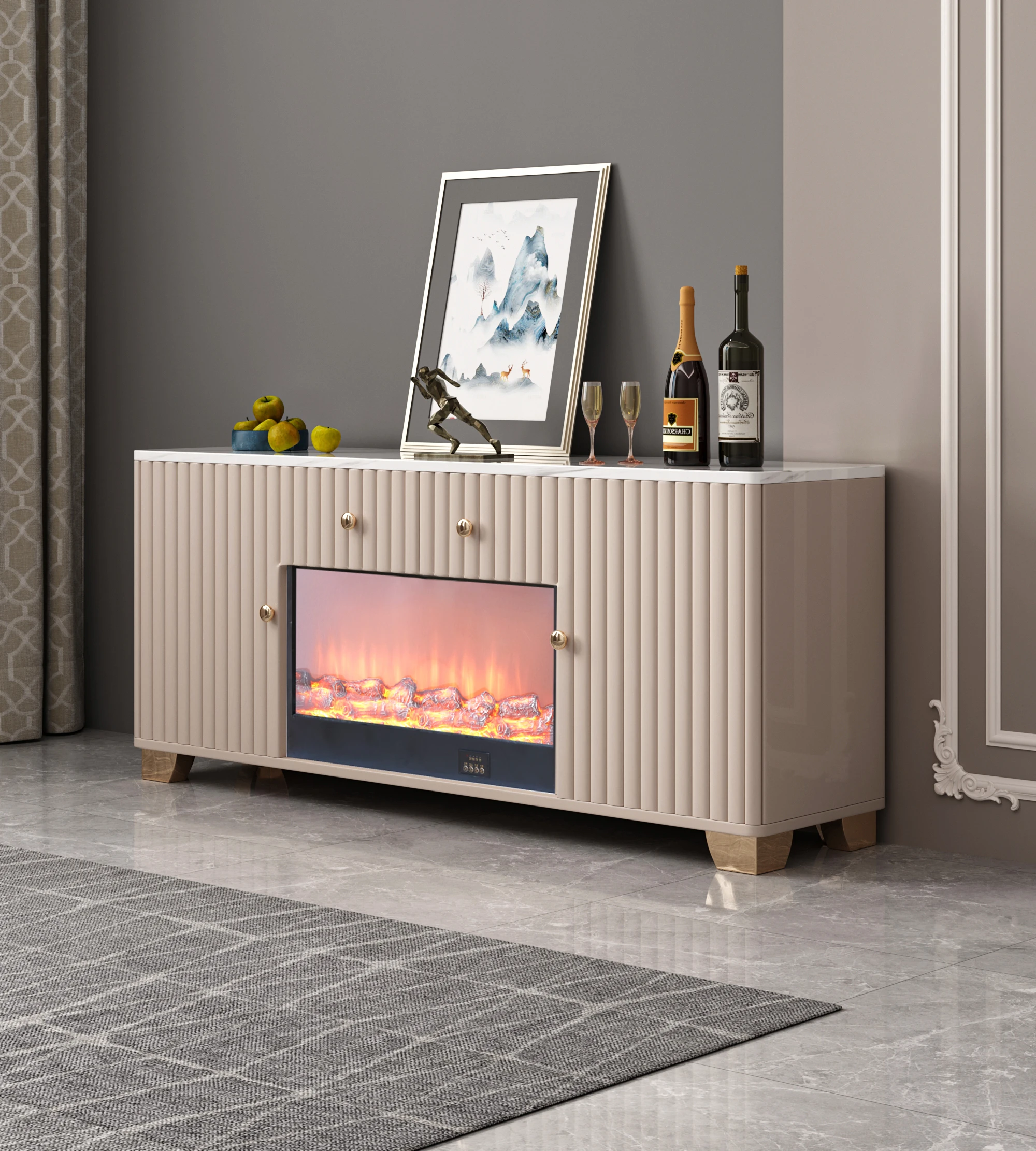 Ekintop Decor Flame Electric Fireplace Mirrored Wooden Tv Cabinet Stand For Home