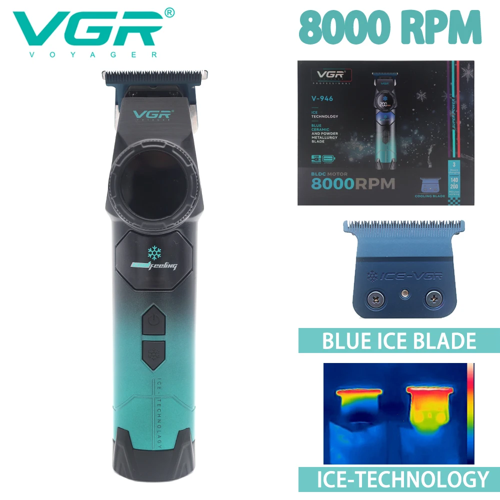 Professional Hair Clipper VGR V-946 Ice Tech Metal Body DLC Blue Blade Brushless Motor 8000RPM 0 Gap For Barber Haircut Machine