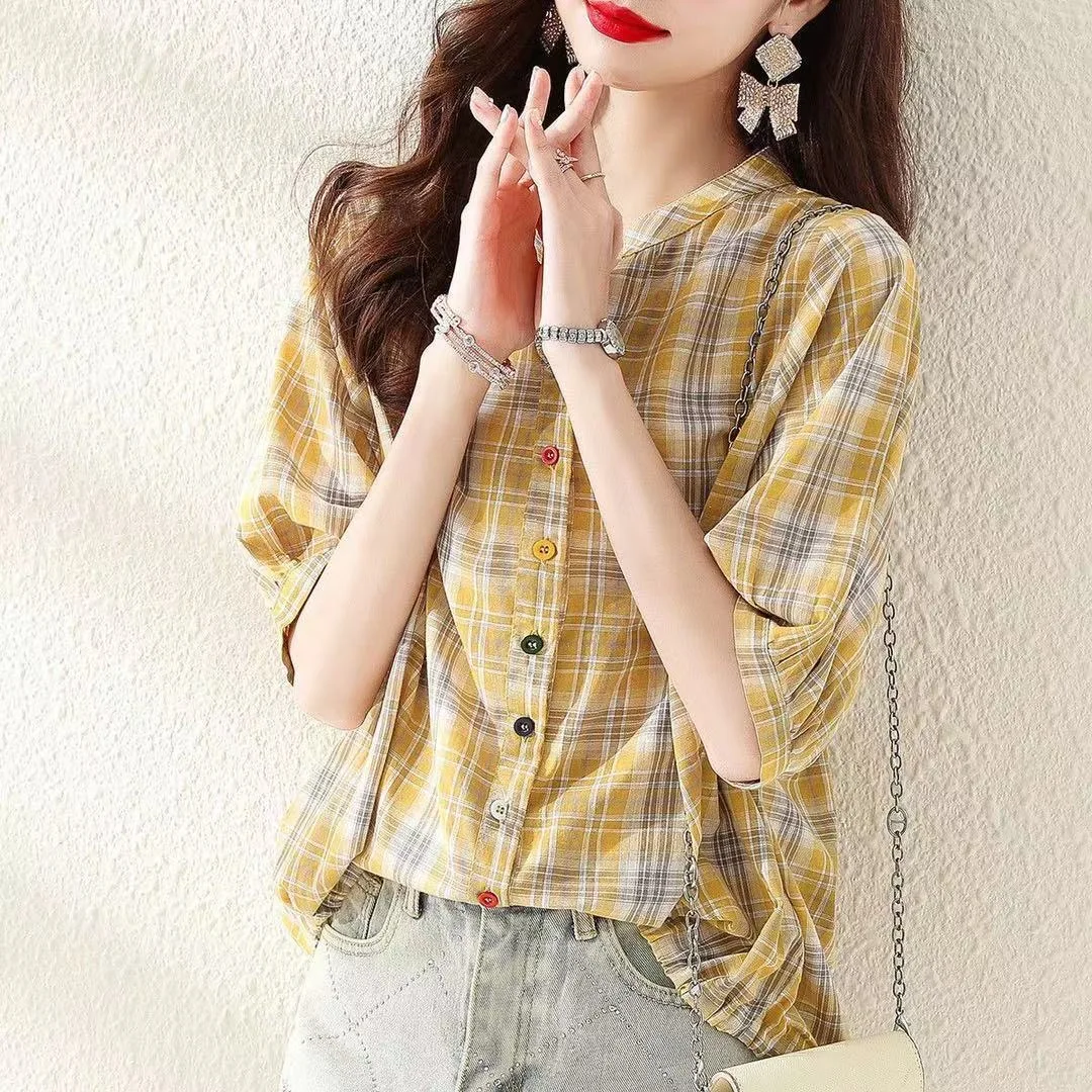 Woman Summer Style Blouses Tops Lady Casual V-Neck Short Sleeve Striped Printed Blusas Tops DF4537