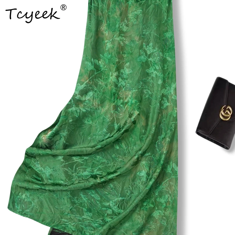 

Tcyeek 100% Mulberry Silk Spring Summer Retro Emerald Green Straight Tube Long Women's Skirt Юбка Женская Faldas Para Mujeres