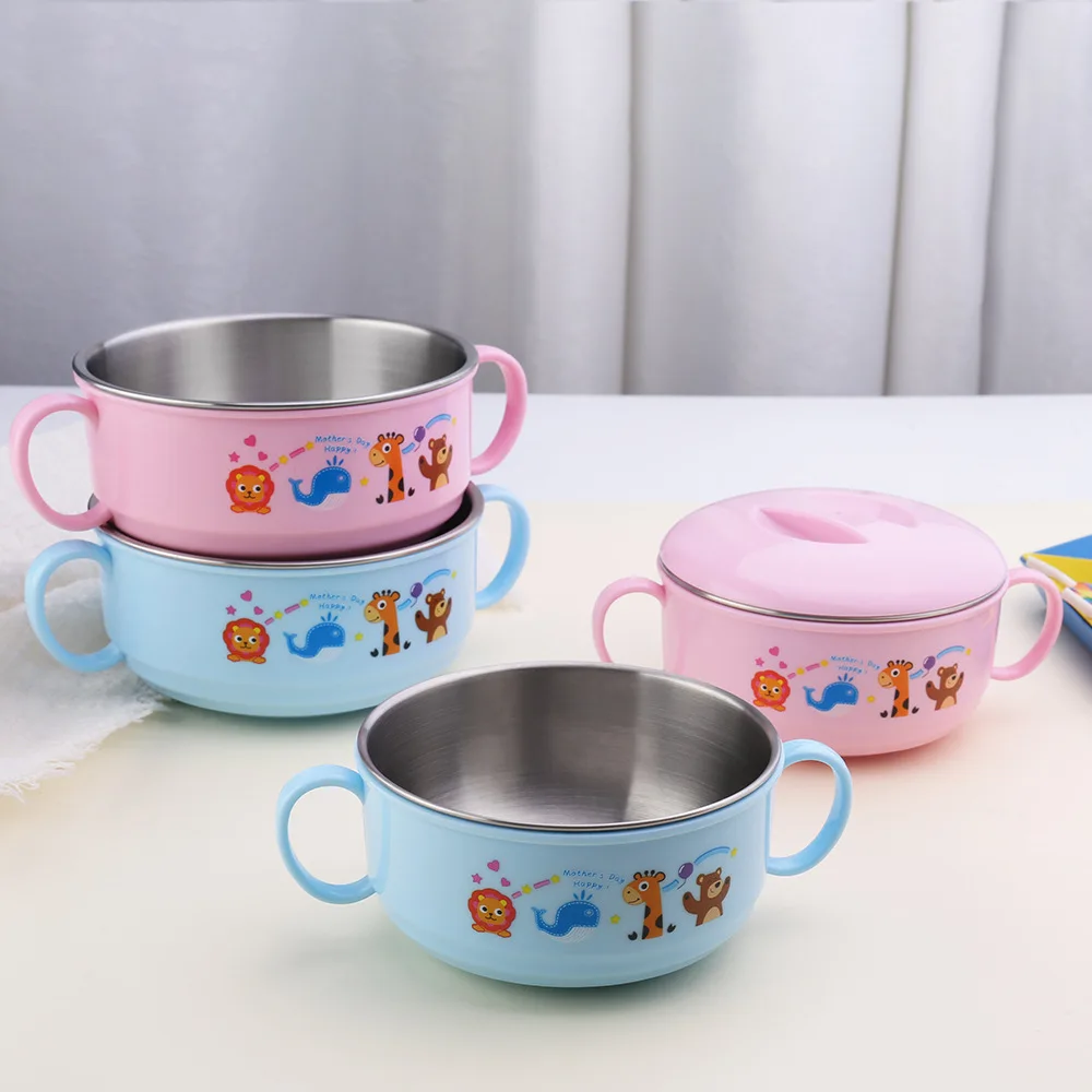 Baby Feeding Bowl 304 Stainless Steel Insulation Cartoon Children Tableware Cartoon Printed Baby Food Supplement Bowl 350ML