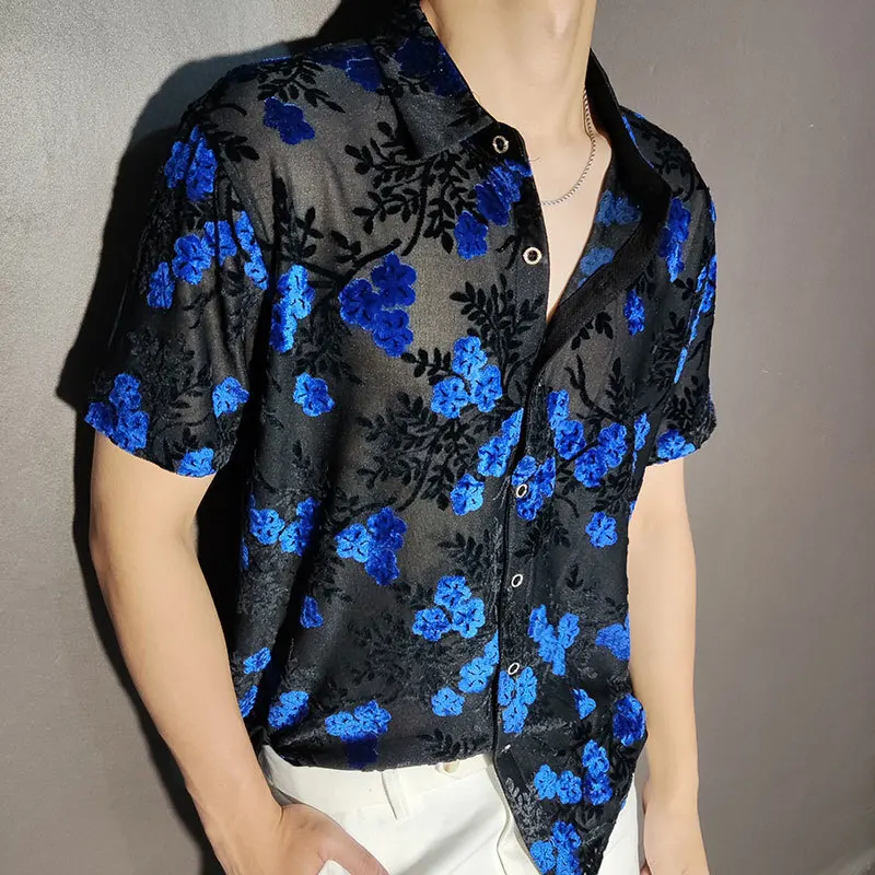 Chemise Homme Sexy See Through Mesh Shirt Men Small Blue Floral Transparent Shirt Men Velvet Club Party Long Sleeve Shirts Men