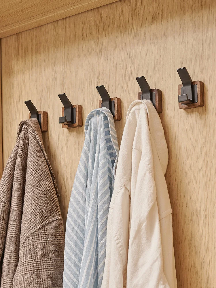 BAKALA No Drilling Towel Hooks Clothes Storage Bathroom Accessories Aluminum+Wood White / Black Painted Robe Hook Wall Hanging