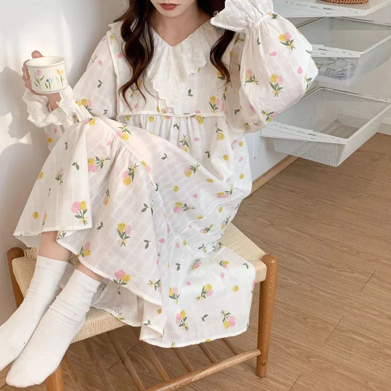 

Ночные рубашки женские с цветочным принтом Kawaii принцесса девичьи ночные рубашки весенние новые нежные оборки удобная домашняя одежда простая с длинным рукавом
