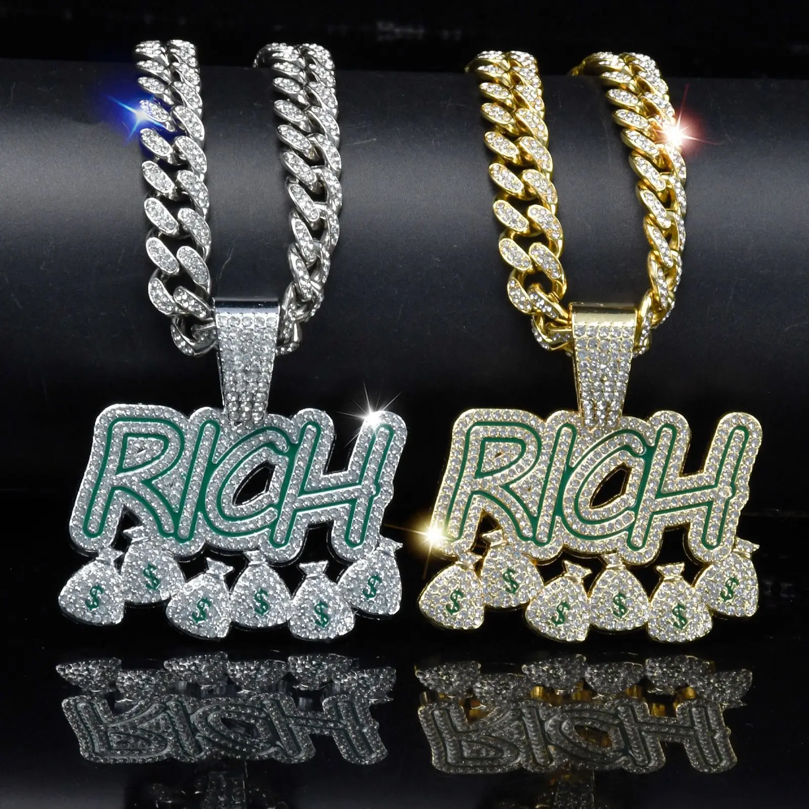 Men Women Become Rich Money Bag Pendant Necklace With 13mm Miami Cuban Link Chain Men's Necklaces Choker Collar Hip Hop Jewelry