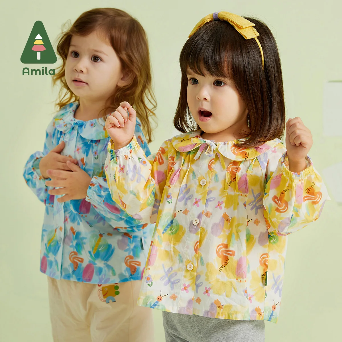 

Amila Baby Girls Shirt 2023 Spring New Full Print 100% Cotton Kids Tops Lantern Sleeve Pastoral Style Children Clothing Fashion