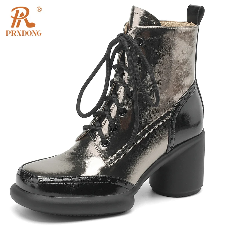 PRXDONG New Genuine Leather Women's Shoes Chunky High Heels Platform Punk Black Lace Up Dress Party Female Ankle Boots Size 39