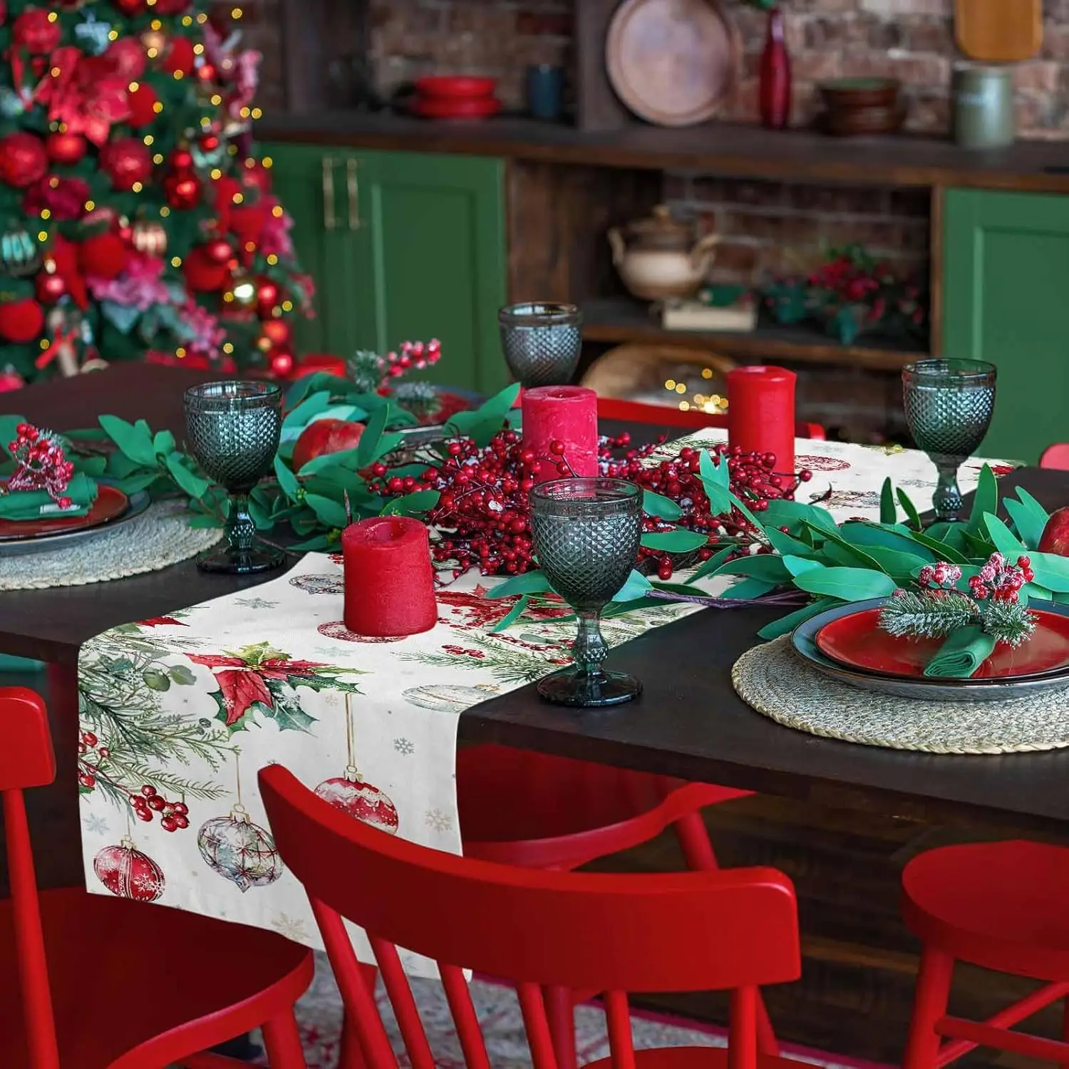 Christmas Poinsettia Linen Table Runner Party Decor Winter Xmas Ball Snowflake Kitchen Dining Table Runner Christmas Decorations