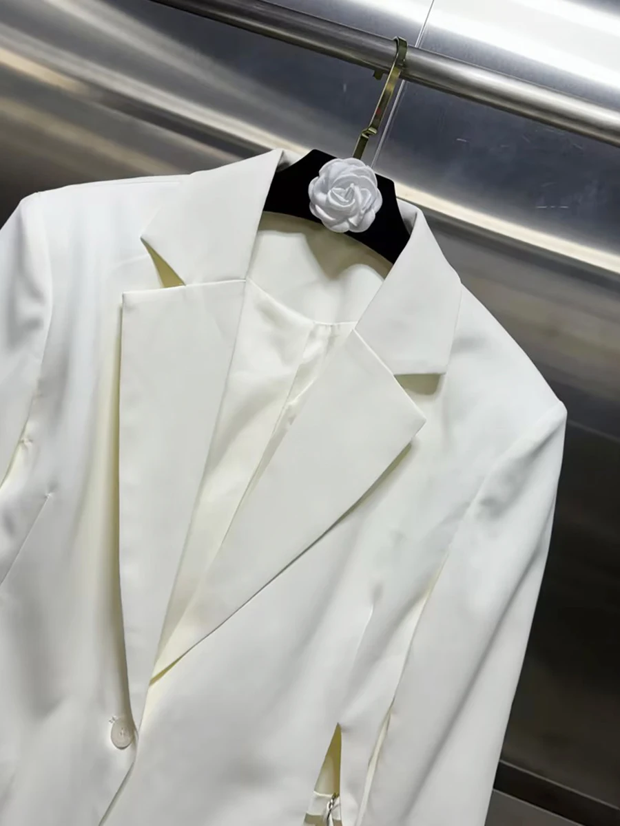 CHICEVER White Spliced Lace Up Chic Jacket Female Lapel Long Sleeve Loose French Design Women's Jackets Autumn Fashion Style New