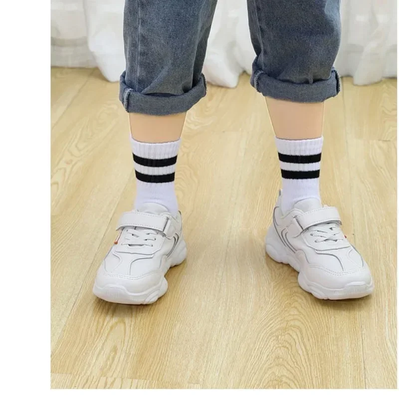 5 Pairs/ Lot Spring Autumn Striped Black White Gray College Style Striped Mid-calf Child\'s School Socks for Kids Girls and Boys
