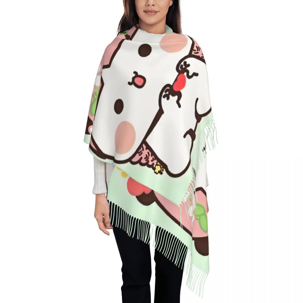 

Женские длинные шарфы в стиле аниме с пандой, персиком и гомой, женские зимние толстые теплые шаль с кисточками, шарф с медведем из мультфильма Bubu Dudu