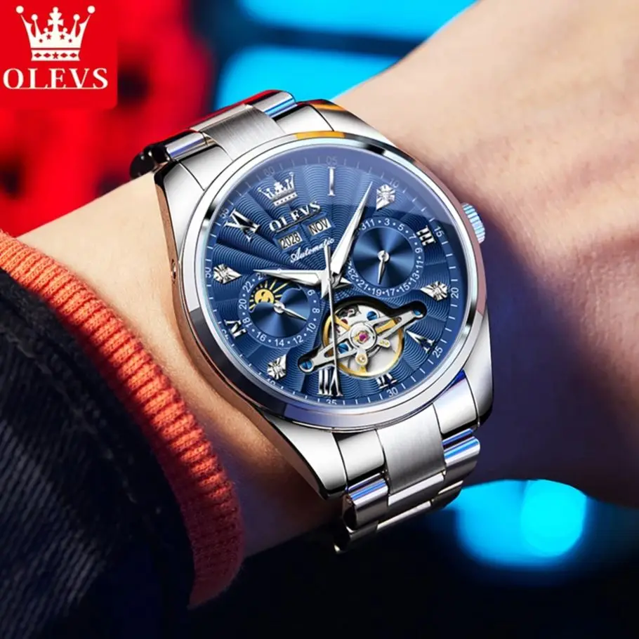 

OLEVS 7028 Mens Watch Automatic Mechanical Watch Multifunctional Week Date Moon Luxury Watch For Men 30m Waterproof Luminous Box