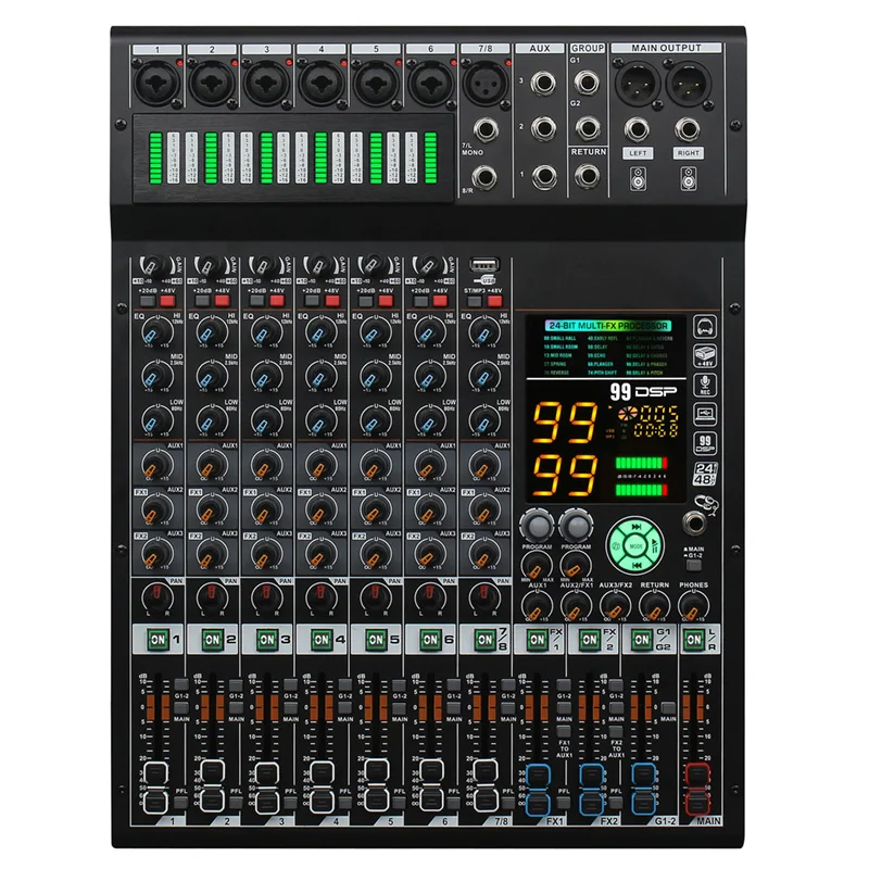 COOYINK 8 Channel Audio Mixer 2*99 DSP 3 Group Aux Send Digital Professional Console Sound Mixer Console with Bluetooth MP3 USB