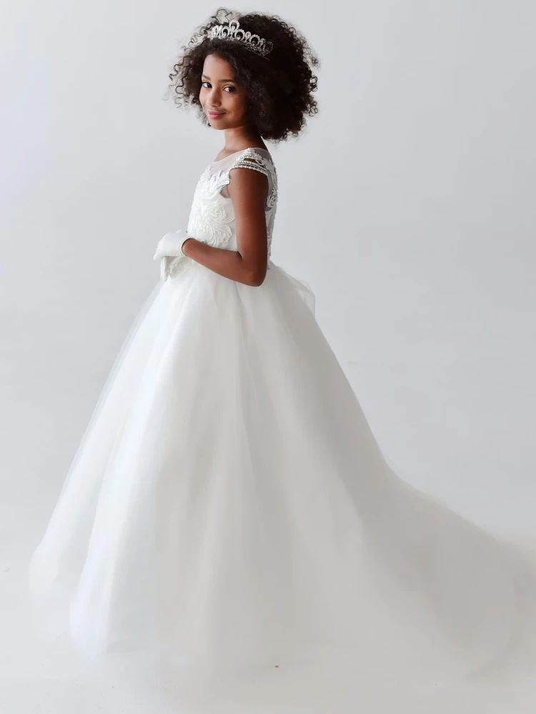 Robes de demoiselle d'honneur blanches, appliques blanches en tulle avec queue en fibre pour mariage, fête d'anniversaire, sainte cène, quoi que ce soit