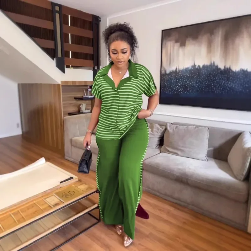 

GUWU Fashion Striped Women's Set Turn-down Collar Polo-t-shirt and Wide Leg Pants Casual Two 2Piece Set Outfit Tracksuit