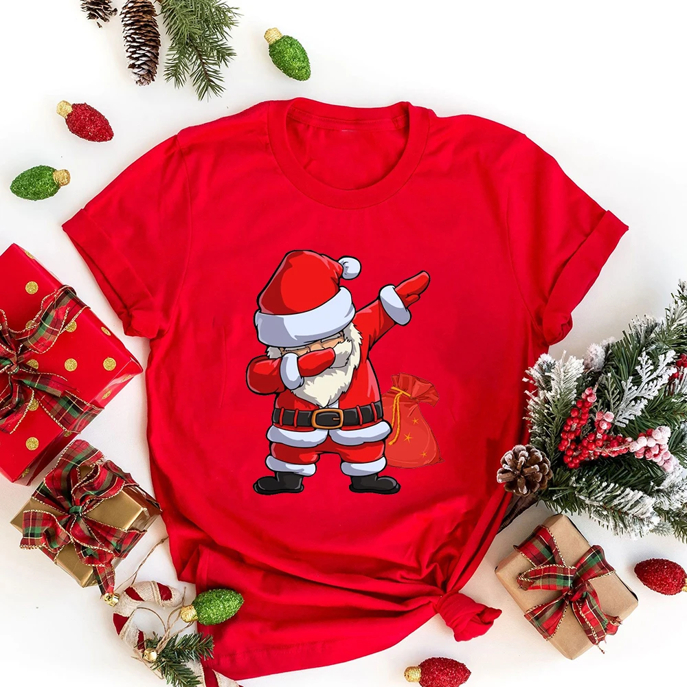 Santa Claus Pattern Women Short Sleeves Christmas Shirts Female Xmas Tops Cute Funny Christmas Tee Retro Santa Claus Shirts