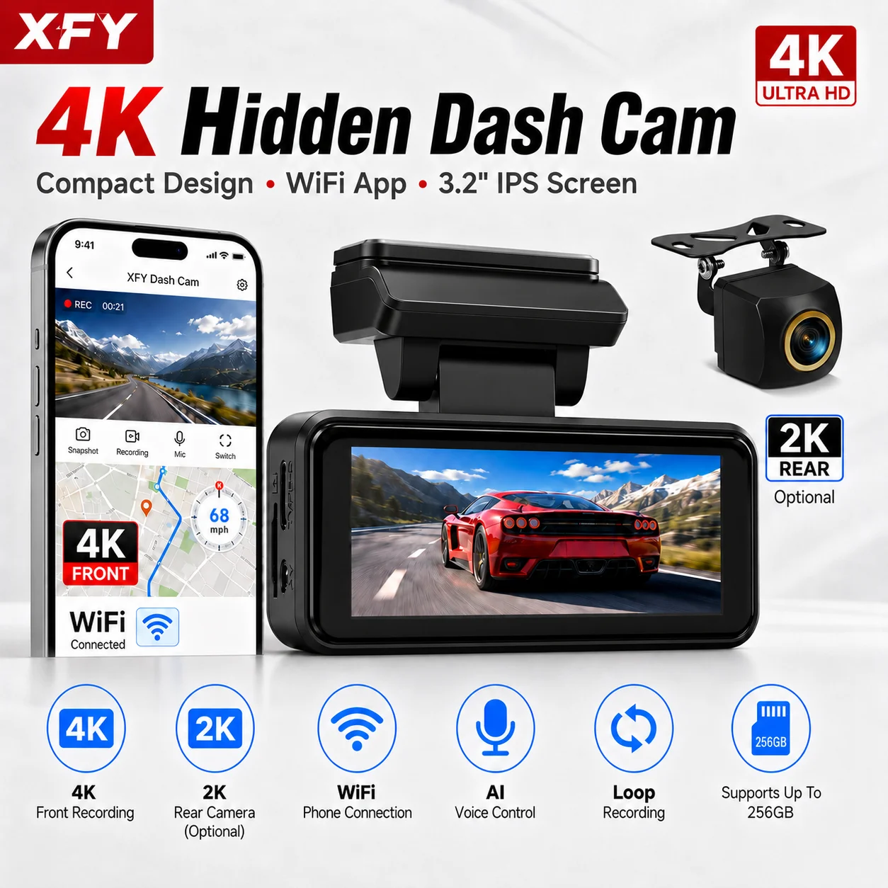 XFY 4K Hidden Car Camera UHD Recording Car Camera DVR Night Vision Video Recorder Built-In Wi-Fi Support GPS 24H Parking NEW