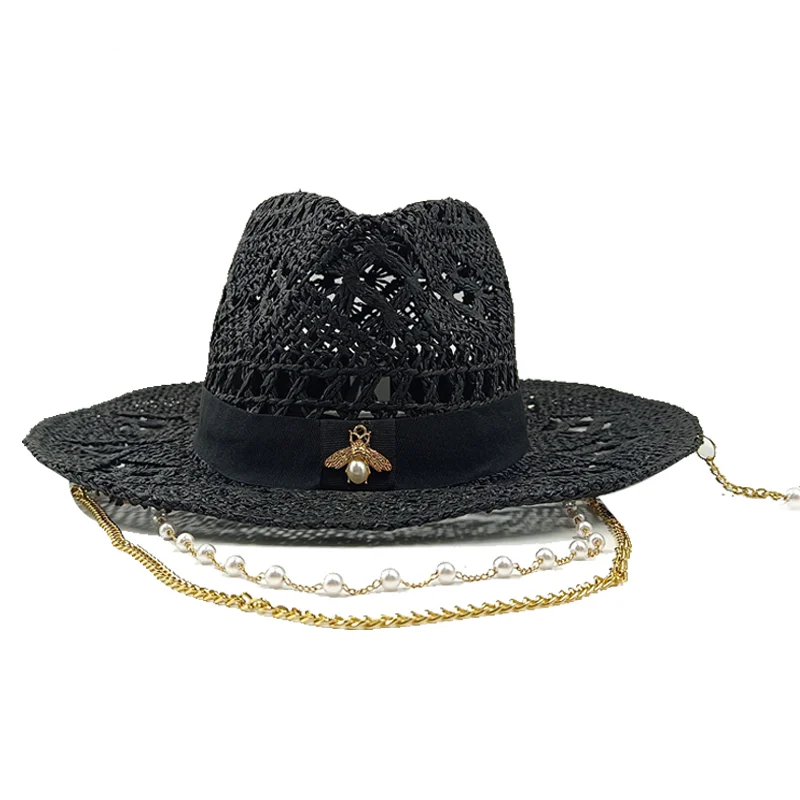 Summer Straw Hats for Women Fashionable Metal Bee Letter Ladies Party Dress Hats Travel Beach Sun Hat Chapeau Femme