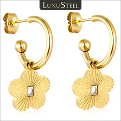 LUXUSTEEL Stainless Steel White Zircon Crystal Drop Hoop Earrings For Women Golden Plated Flower Pendant C-Shape Ear Jewelry