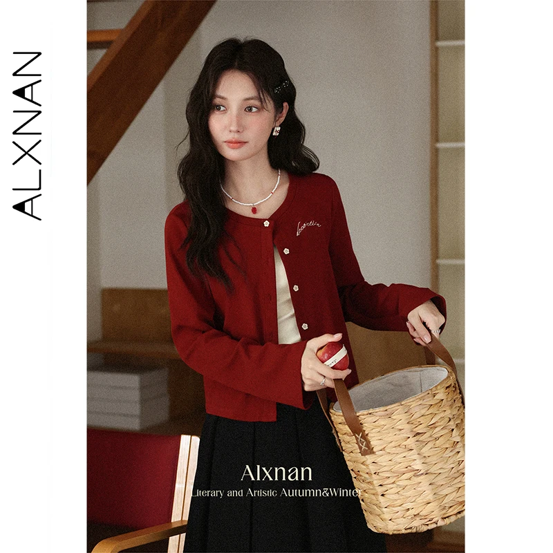 Alxnan vermelho malha cardigan curto vintage elegante solto-ajuste carta bordado jumpers 2025 outono manga longa malha topo l56865