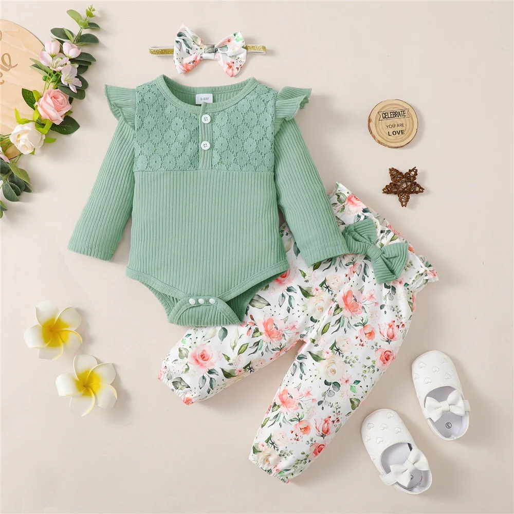 0-18 Months Baby Girl Daily Clothes Set Green Long Sleeve Romper Top + Flowers Pant with Headband Spring Lovely 3PCS Outfits