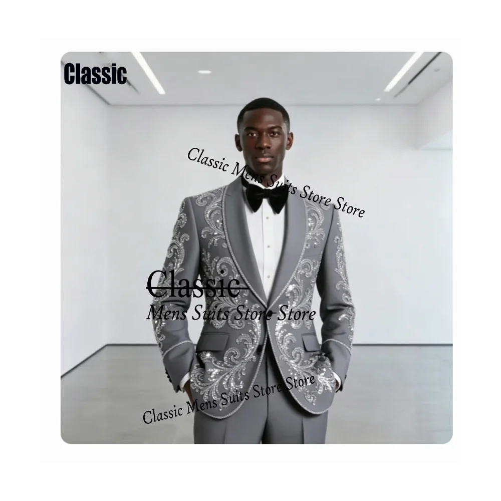 

Customized Diamond Beaded Men Suit 2 Pieces Set Male Business Blazers Glitter Groom Evening Tuxedos Slim Gem trajes para hombre